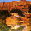 Fort Reflected in a Pool at Sunset, Jodhpur, Rajasthan, India